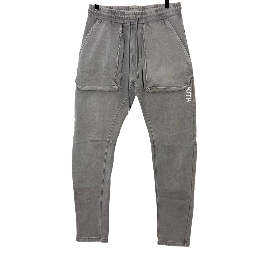 Kith Cargo Sweatpants Mens S Washed Grey Cotton Fleece Logo Tapered Joggers